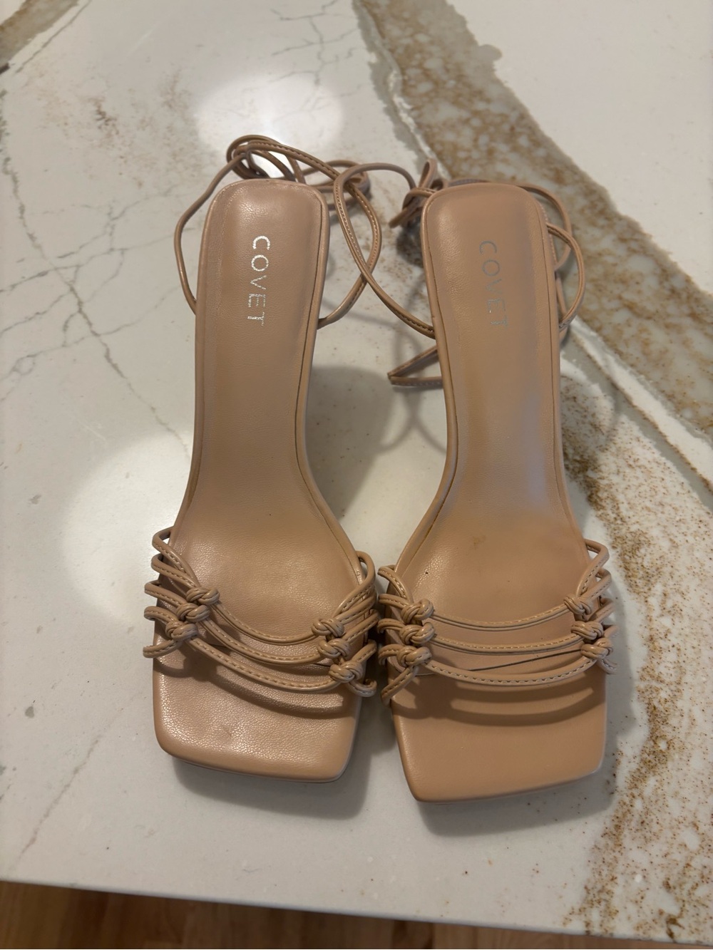 Cove Nude Lace-Up Knotted Strap Heels